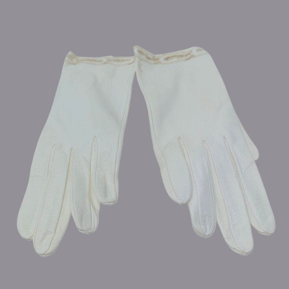 Vintage Antique Leather Gloves White Wrist Lace - Picture 6 of 10